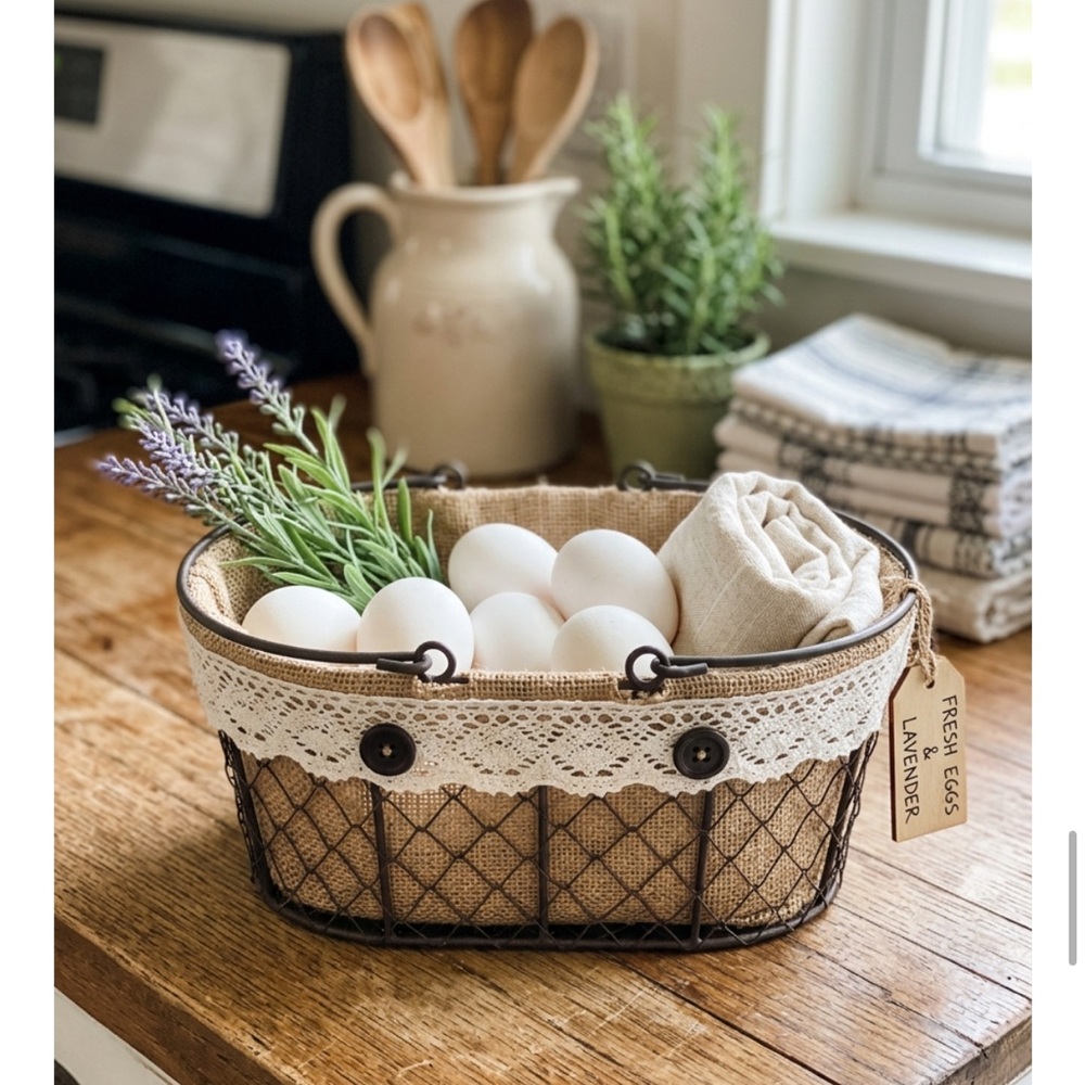 Rustic Oval Chicken Wire Egg Basket Lace-Trim Burlap Liner Country Wedding